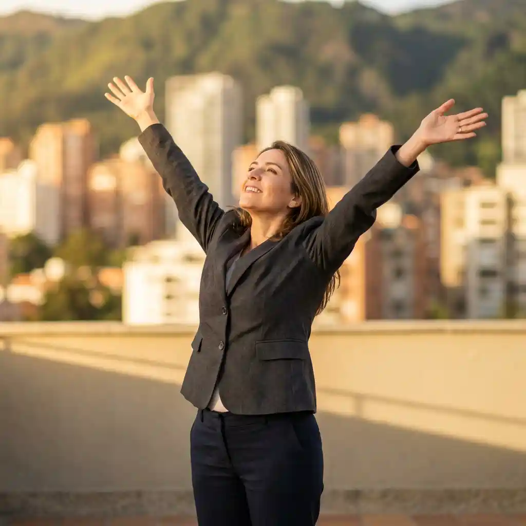 Mujer levantando los brazos de felicidad porque ya no sufre de dolor de espalda, gracias a los tratamientos quiroprácticos de Quirovida.